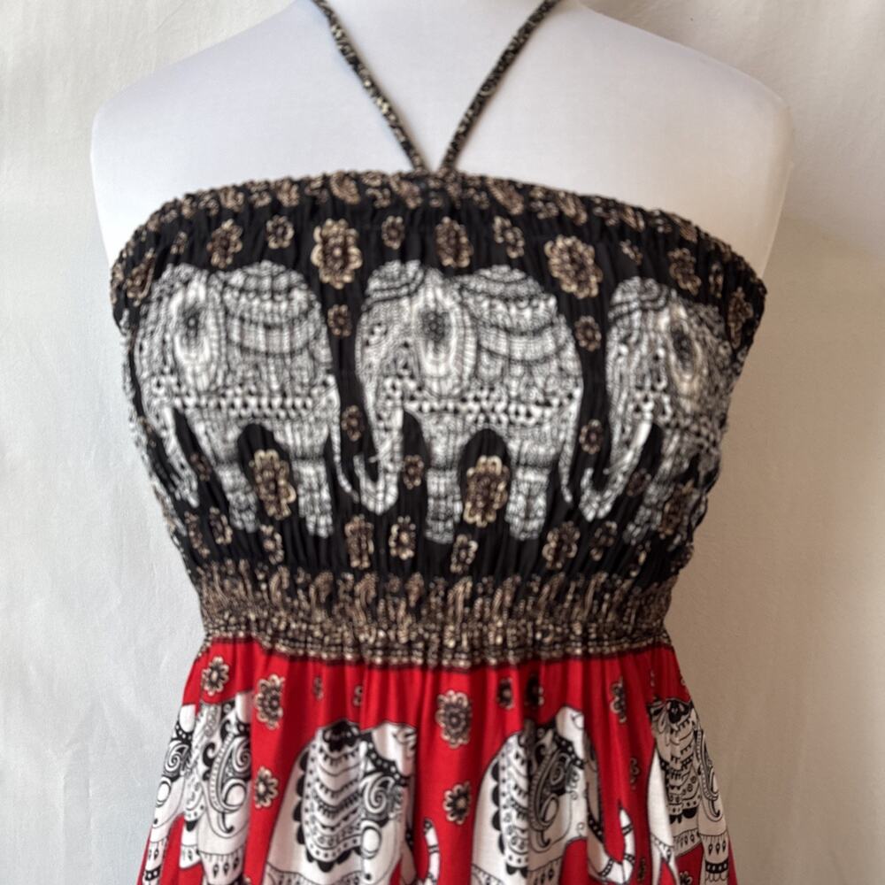 Strapless Elephant Print Maxi Dress in Red and Black - Picture 2 of 9